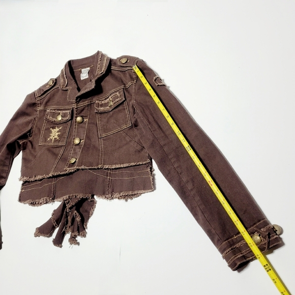 Banana Dark Brown Denim Crop Raw Edge Military Jacket Women's (S**) Made in USA - Picture 14 of 14
